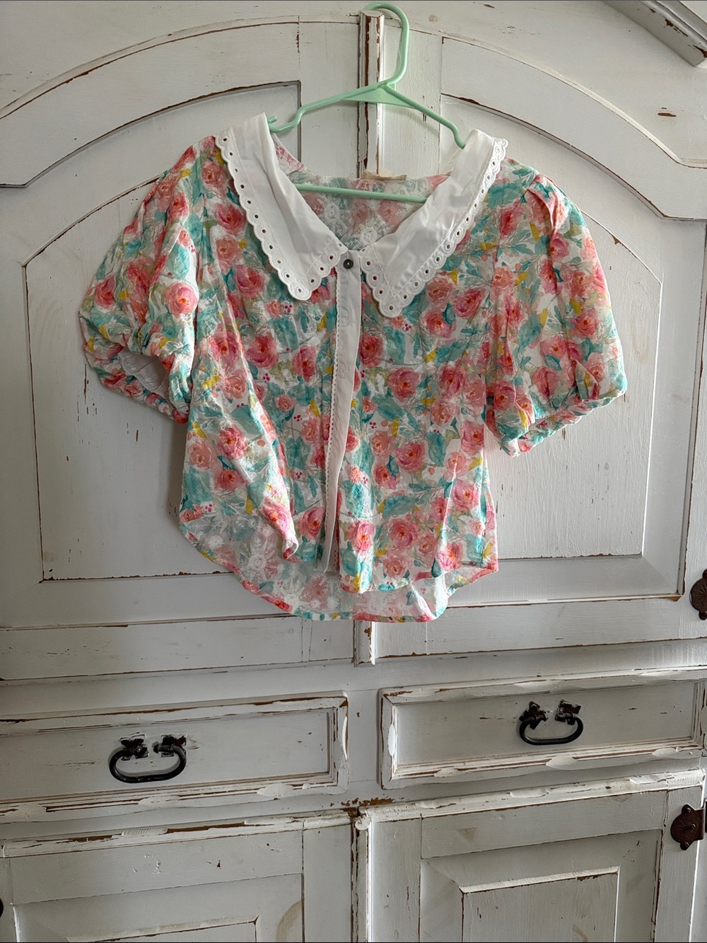Women’s Floral Peter Pan Collar Top - Mint & Pink